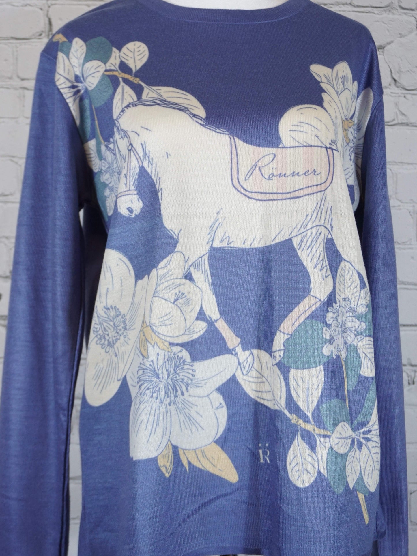 Ronner Design Blue Crewneck Sweater with Floral Horse Design - XL